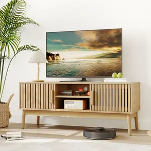 Boho TV Stand – Natural – For TVs Up to 50" – Fluted Door Cabinet + Open Shelves – Modern Entertainment Center for Living Room