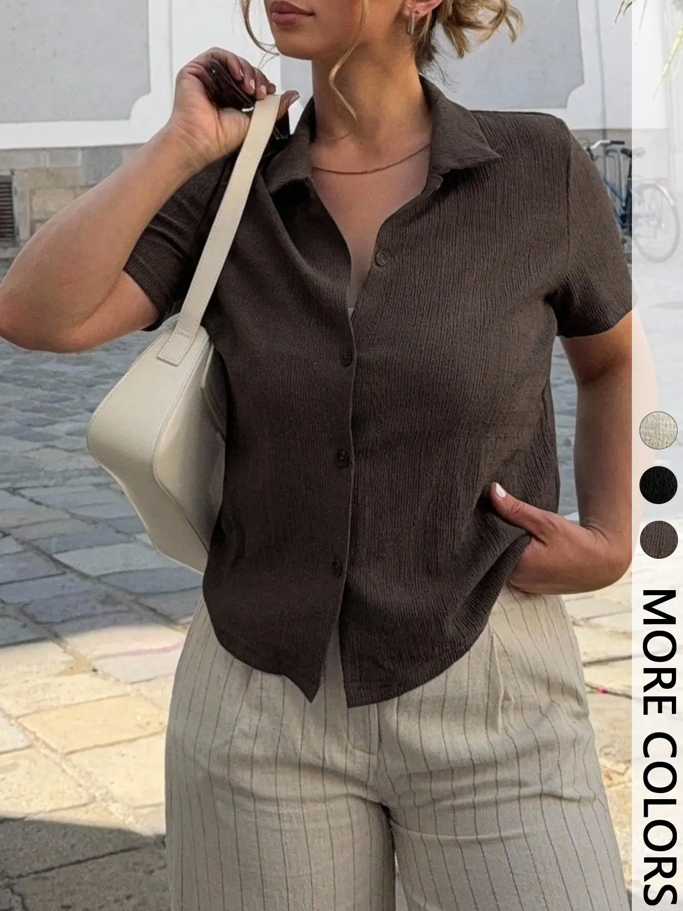 Women's Casual Vintage Textured Collared Neckline Summer Short Sleeve Fitted T-Shirt, Basic Versatile Chic Design, Perfect for Everyday Wear, Stylish Comfortable Minimalist Top