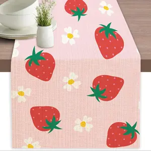 1pc,Cute Strawberry Flower Vanity Scarf, Seasonal Linen Tablecloth, Indoor Outdoor Kitchen Home Party Holiday Table Decoration