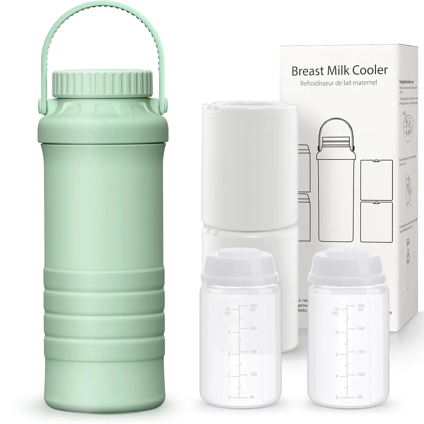 Snugtale Breast Milk Cooler Bottle Portable 22oz Cooling for 24+ Hours With 2 * 300ML BPA-Free Bottles for Travel & Outdoors Breastmilk Cooler, Mint G