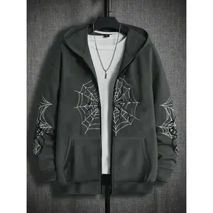Spider Web Print Zip Hoodie, Street Style, Daily Wear, Bold Fabric, Gothic Inspired Design, Unisex Fashion Piece, All Seasons