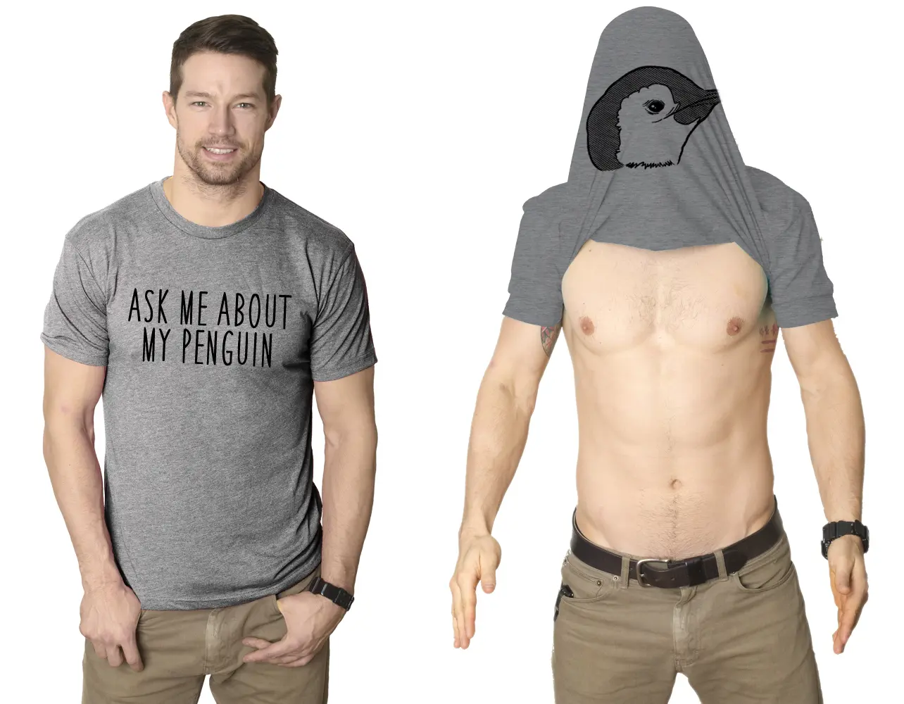 Ask Me About My Penguin Flip Up T Shirt Funny Penguins Tee Costume Shirt Mens Funny T Shirts Cool Vintage Fashion T-Shirt Gift Classic Menswear Flip Apparel for Men Funny Animal Short Sleeve Novelty Tees for Light Grey