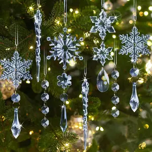 18 pcs Crystal Christmas Tree Ornaments - Blue Acrylic Snowflake Icicle Drop Crystal Hanging Ornaments for Christmas Tree Wonderland Frozen Themed Birthday Party Decor