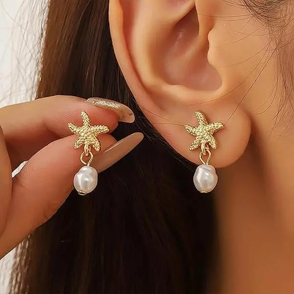 BloomWish S Seashell Starfish Earrings Beach Jewelry for Women Pearl Drop Shell Earrings Ocean Beachy Fashion Accessories Womens Summer Outfits 2026 Tropical Vacation Outfits Beach Vacation Clothes Dresse