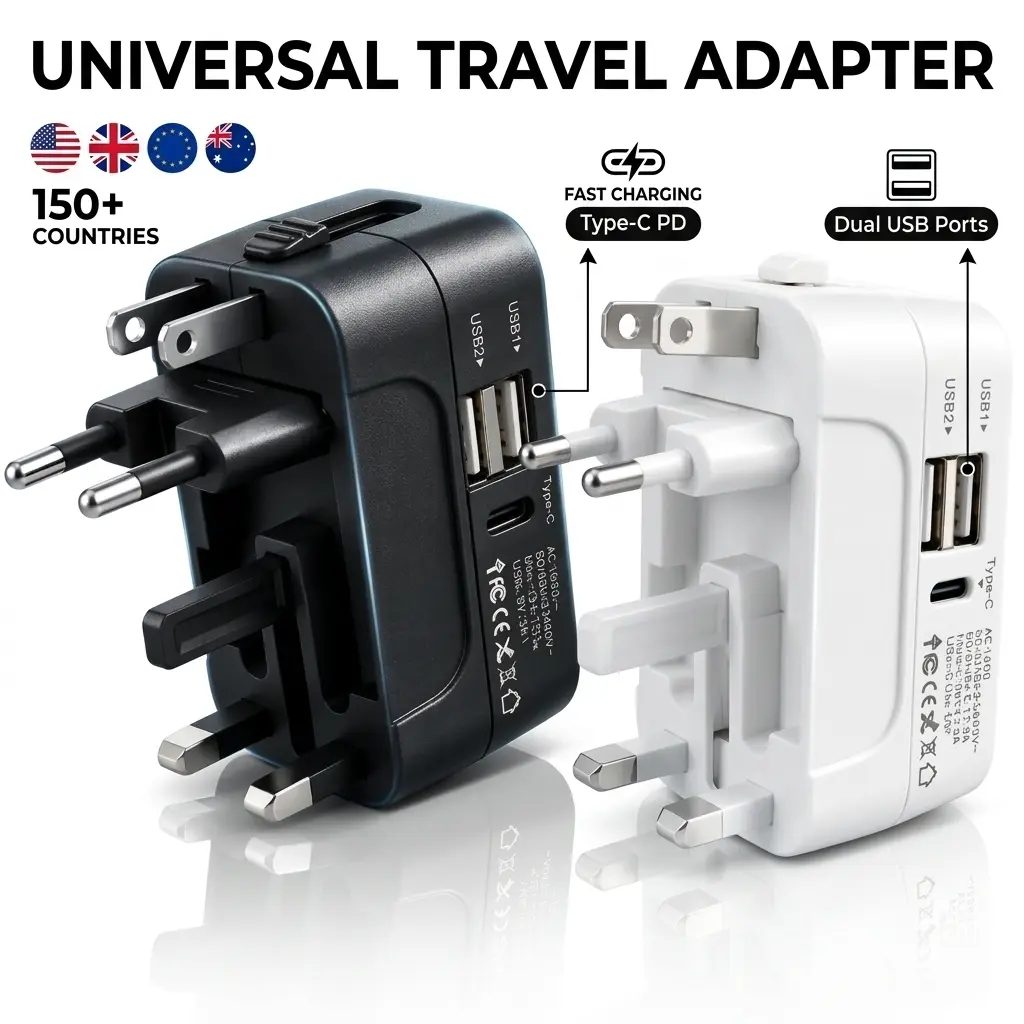Universal Travel Adapter with 2 USB Ports, 100-240V Input for 150+ Countries-BLACK&WHITE-1/2/3PCS