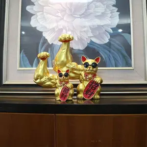 Muscle Giant Cat Figurine Waving Arm Feng Shui Fortune Sculpture Lucky Wealth Decor For Home Store Office Opening Gift Collection
