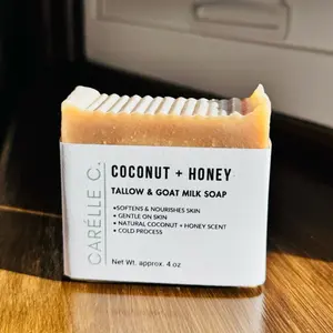 Coconut + Honey (Tallow & Goat Milk Soap) - 4 oz Handmade Bar with Grass-Fed Tallow & Plant-Based Oils for Nourishing & Gentle Cleansing