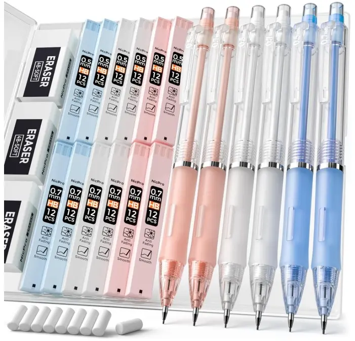 Nicpro 23PCS Pastel Mechanical Pencil 0.5 & 0.7 mm with Case for School, with 12 tubes HB Lead Refills, 3 Erasers, 9 Eraser Refills For Student Writing, Drawing, Sketching, Blue & Pink & White Colors