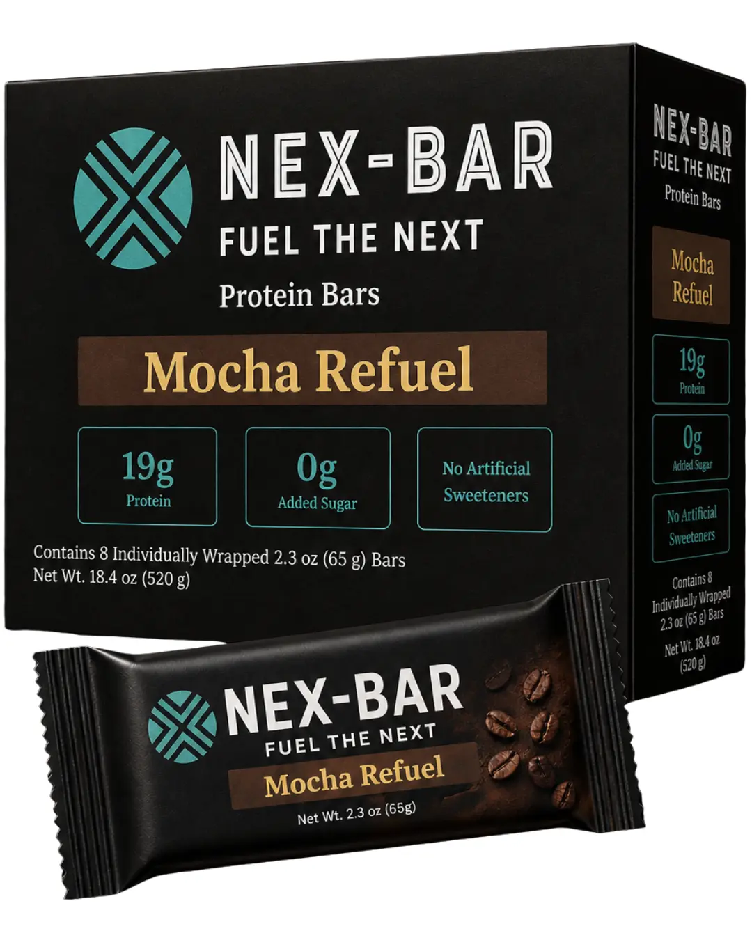 NEX-BAR Mocha Protein Bars - 8 Pack. Clean Protein Bar with No Added Sugar and No Artificial Sweeteners