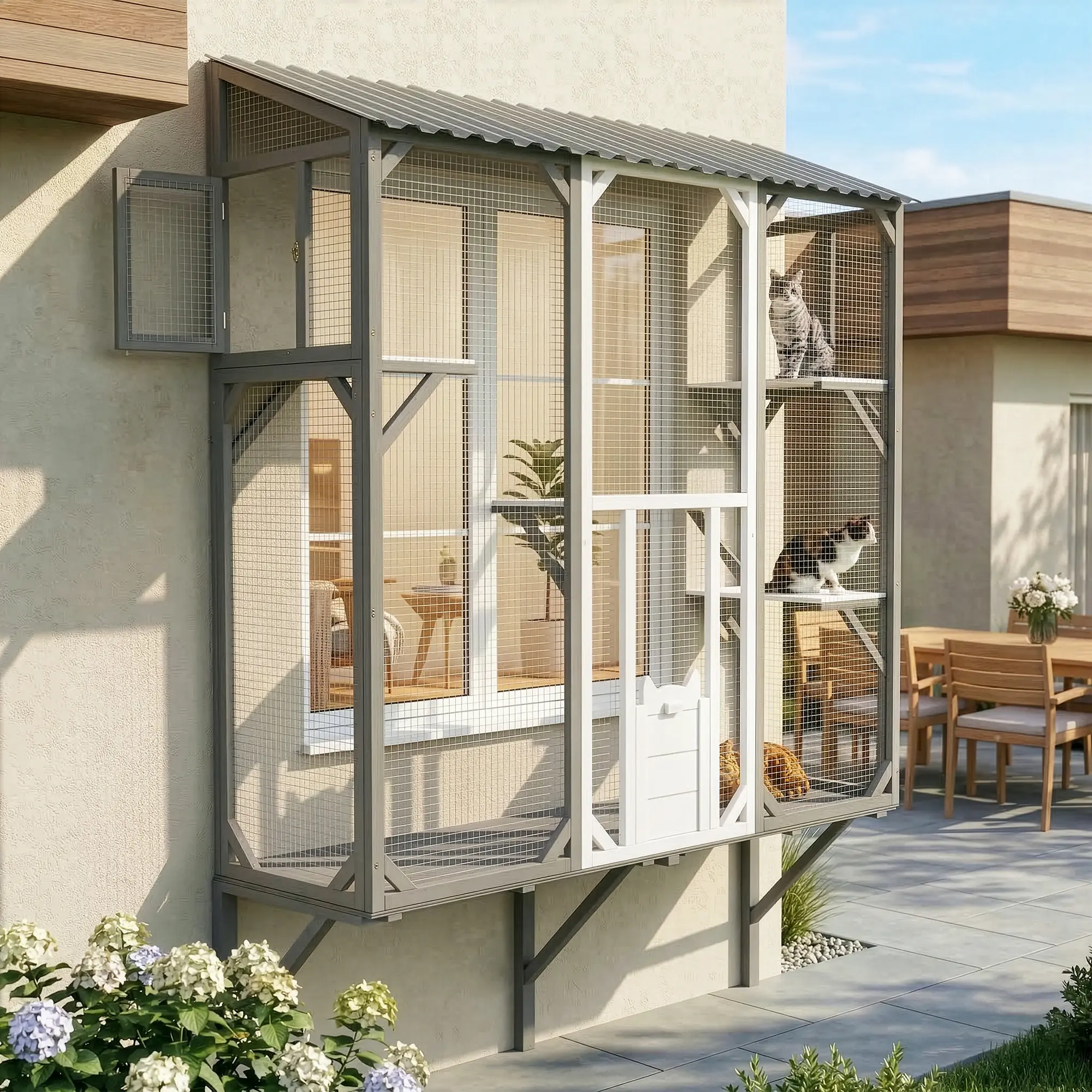Outdoor Cat Catio with Window Connection & Climbing Platforms, Multi-Level Cat Enclosure for 1-3 Cats, Cat Patio House with Shelves & Perches for Balcony & Yard