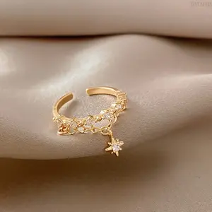 Trending Women's Dainty Star Pendant Chain Ring, Adjustable Open Band Customizable Ring with Inlaid Cubic Zirconia, Stylish Everyday Fashion Jewelry for Ladies