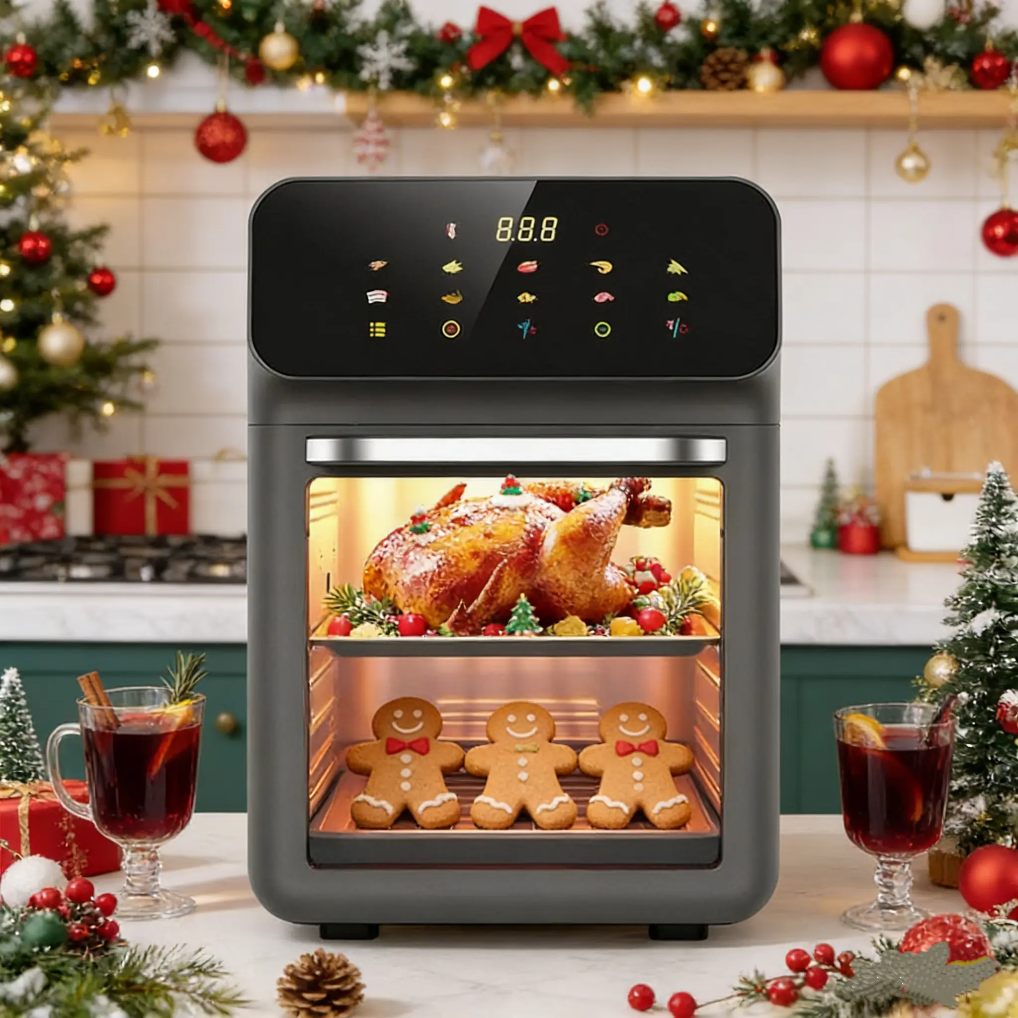 1pc US Family Cooks FD-1015B Visible Air Fryer Oven - 1350W, 110-120V Kitchen Appliance, V-0 Shell, Stainless Non-Stick Surface, Touch Screen, Hot Air Cycle, Ground Plug, 192℃ Fuse, Countertop Use, Low-Oil Automatic Digital Fryer for Home, Convection Oven