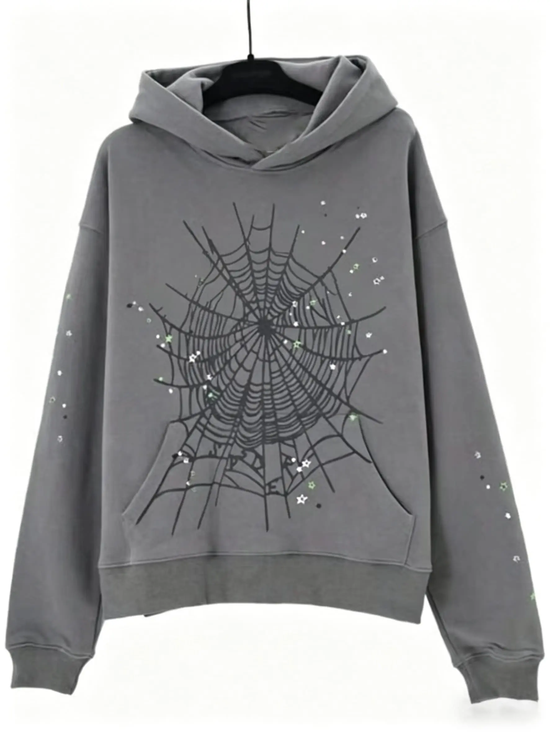Men's Fitted Hooded Sweatshirt - Spider Web Pattern, Letter Print, Colorful Stars, Street Punk Style, Fall & Winter Graphic Hoodie