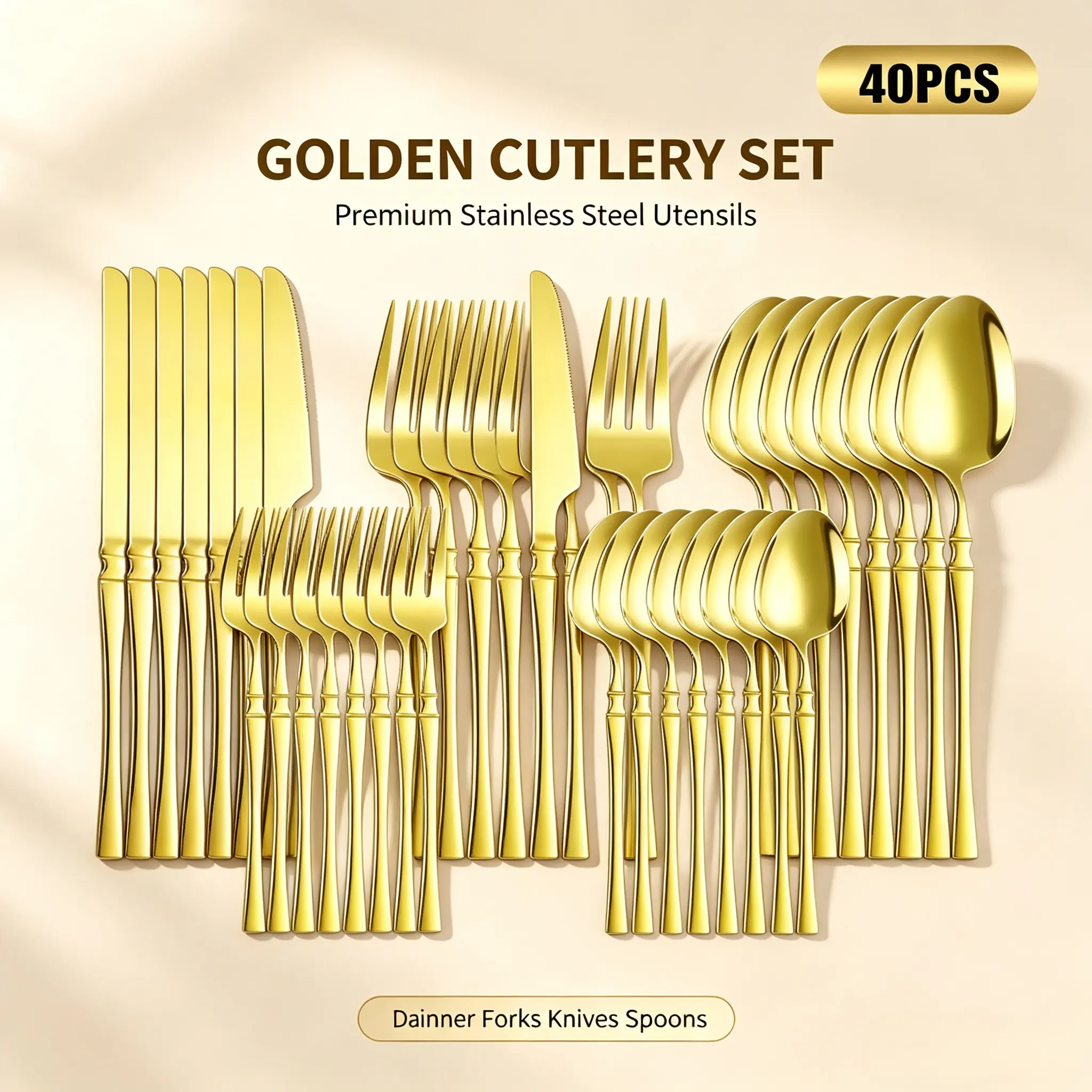 Luxury Gold Silverware Set 40Pcs, Premium Stainless Steel Flatware Cutlery with Bamboo Style Handle, Mirror Polished, for Kitchen, Wedding & Parties mesa elegante