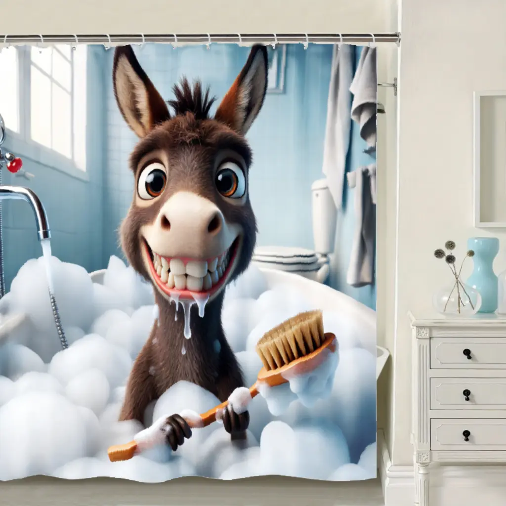 [Back to School] Whimsical Donkey Shower Curtain with Hooks - Machine Washable Polyester Bathroom Decor, Playful Bath Partition & Artistic Animal Design for Home, Elegant Shower Curtain, Home Decoration, Fun Decor, Durable Fabric, Home Decorators