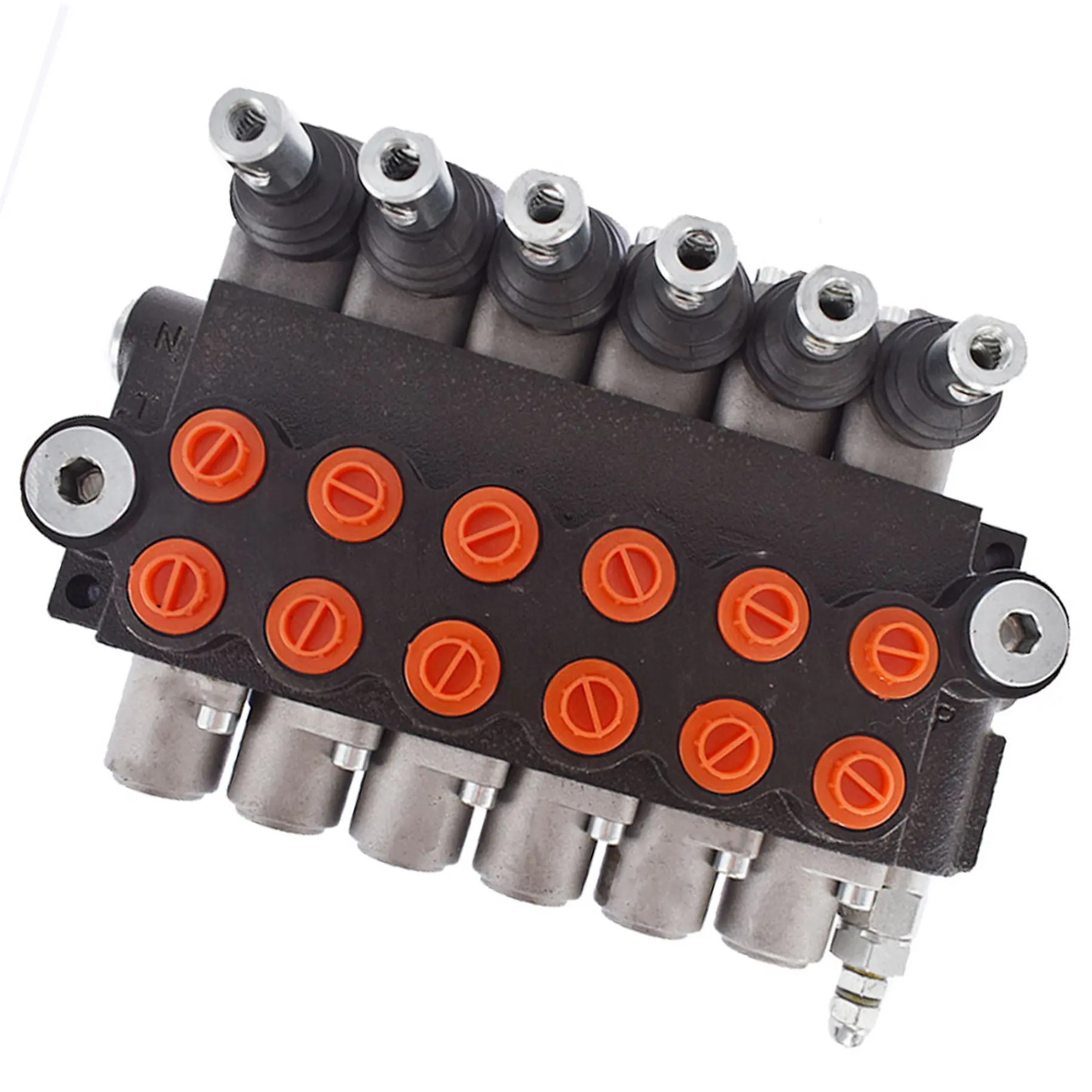 1 x 6-Spool Hydraulic Directional Control Valve with 11GPM Adjustable Relief Valve, Durable Cast Iron Construction, BSPP Ports, Spring Center, Compact Design, 11.35kg, 3600psi (250 bar), Fitment for Tractors Loaders, Log Splitters
