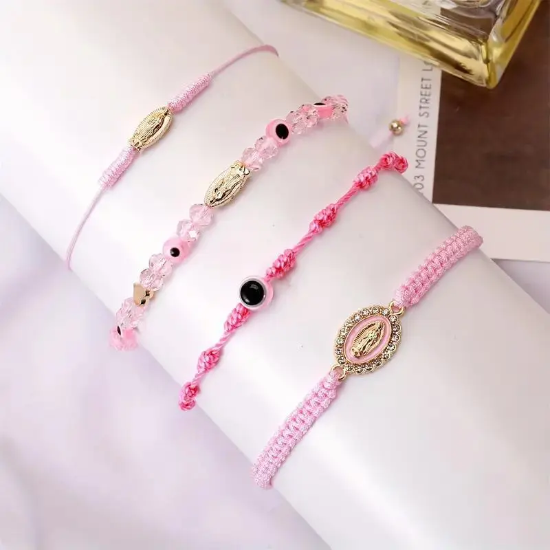 4Pcs Matching Couple Beaded Bracelet Set - Braided Strings, Red Braid, Pink String, Evil Eye Heart Charm, Lucky Mexican Green Rope, San Judas Virgin Mary Amulet - Charm Bracelets, Love Gift for Couples