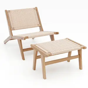 COSTWAY - Mid Century Modern Accent Chair Farmhouse Braided Rope Chair with Ottoman