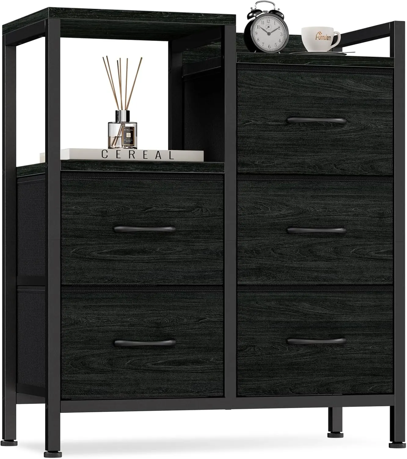 5-Drawer Black Fabric Dresser with 2-Tier Shelf – Small Storage Cabinet for Bedroom, Closet, Hallway, or Dorm