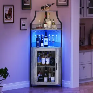 Gaomon Industrial Style Corner Wine Cabinet with Metal Frame, Adjustable Shelf, Adjustable ft, Grey Home Storage Holder for Small Spaces (Without LED Lighting Glass), Corner Shape