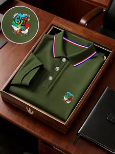 Men's Geometric Print Polo Shirt, Loose-Fitting Short Sleeve, Breathable Elastic Fabric, Casual Business Tee, Spring Summer New Arrival