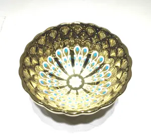 Glamorous Gilt Enamel Bowl with Peacock Feather Pattern - Artistic Luxury Accessory for Collection & Elegant Display