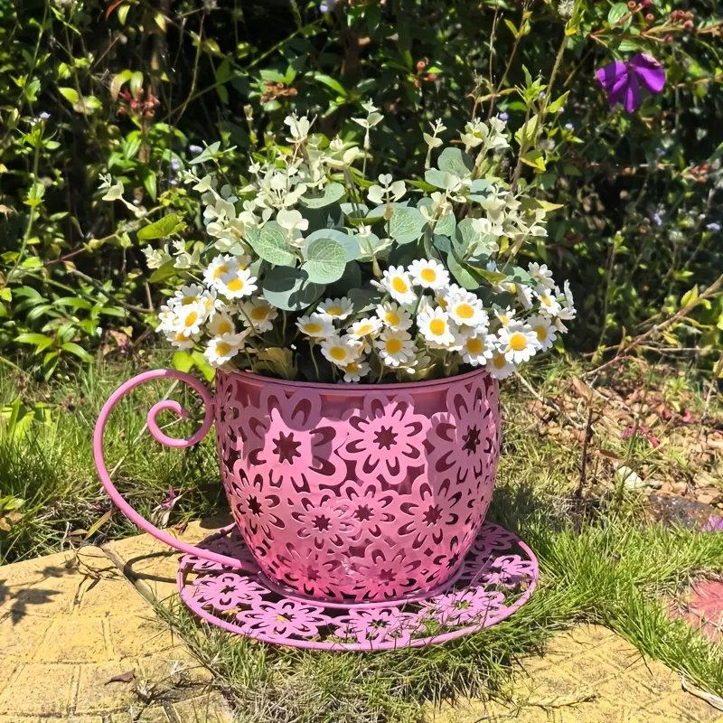 Coffee Cup Flower Pot Country Style Metal With Hollow Flower Design, Lightweight For Indoor And Outdoor, Dual-Use Iron Decorative For Courtyard Gate, Corridor, Terrace, Vase, Home Decor, Anniversary Gift