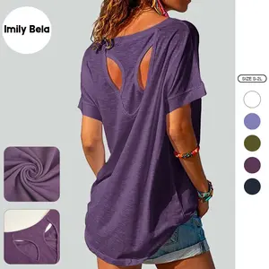 Imily Bela Women Open Back Athlete Loose Fitting Workout Casual Yoga T-Shirt Summer Gym Tee