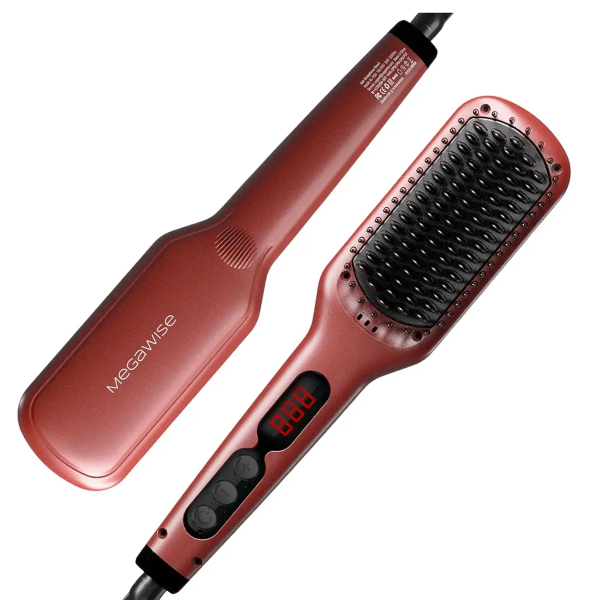 MEGAWISE Pro Ceramic Ionic Hair Straightener Brush, Fast Heating, Clear Smooth Frizz-Free Results, Anti-Scald Safe Design, Dual Voltage for Travel (Tomato Red)
