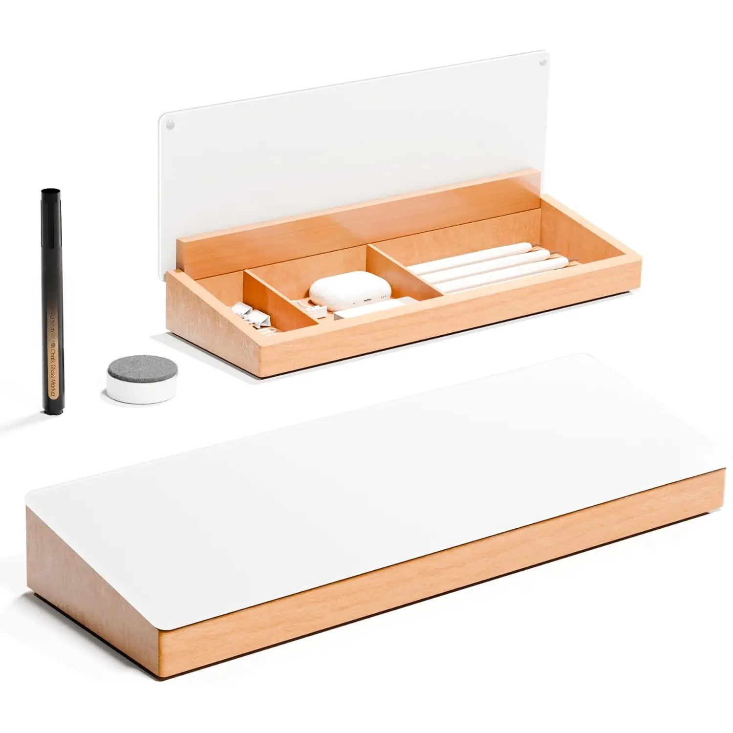 Glass Desktop Whiteboard with  Organizer for Small Office Accessories, Aesthetic Desk Dry Erase White Board with Drawer for Home Office Cubicle, Marker & Eraser Included,