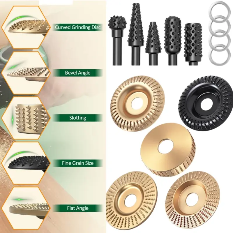 14 sets of angle grinder wood carving grinding discs, suitable for 4-inch or 4.5-inch angle grinders for wood grinding wheels, equipped with rotating grinding wheels and 5/8-inch adapter rings, suitable for woodworking cutting, sanding and shaping