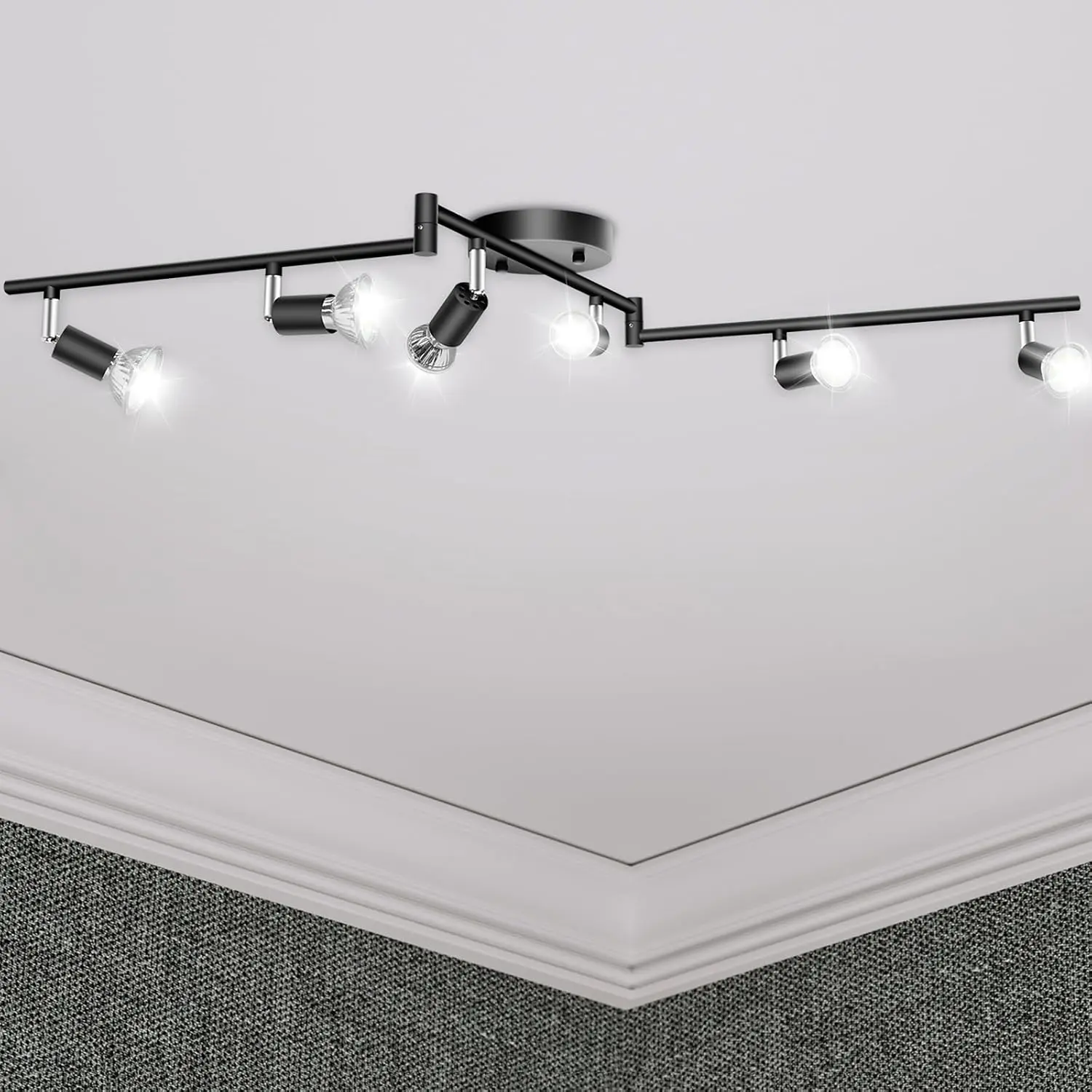 6-Light Adjustable Track Lighting Kit, Modern Black Ceiling Spotlights with Foldable Arms, Dimmable GU10 Track Light for Kitchen, Bedroom, Living Room (GU10 Bulbs Not Included)