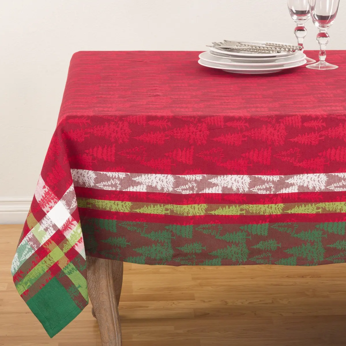 SARO 2108-M70S 1-Piece Cotton Plaid Tree Tablecloth - Christmas Tree Pattern, Multi-Color Square Outdoor Table Decor for Furniture, Machine Washable