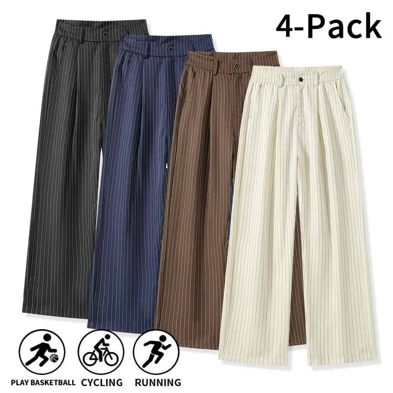 Men’s 4‑Pack Vertical Striped Pleated Wide‑Leg Dress Pants, Loose Straight Trousers for Young Professionals & College Men, Retro Business‑Casual Bottoms for Office Commute & Daily Street Outfits school season
