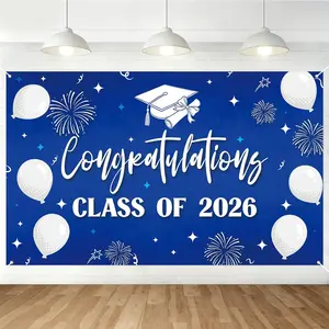 Blue White Graduation Backdrop Class of 2026 Congrats Grad Party Decoration Photography Background for Cake Table Photo Booth Props 5.9 x 3.6 ft