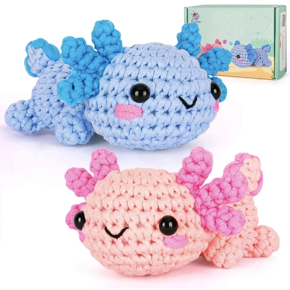 Axolotl Crochet Kit complete Beginner with Video Tutorials - DIY Crochet Starter Set for Adults & Kids, Easy-to-Follow Instructions for Crafting 2 Axolotls, Ideal Craft Kit for Learning Crochet, Perfect Gift for Hobbyists, Easter basket stuffer art