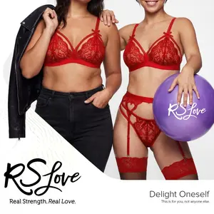 3-Piece Heart Cut-Out Lace Lingerie Set with Garter Belt - High-Stretch V-Neck Bra & Panty, Exotic Nightwear Anniversary Gift for Her RSLOVE
