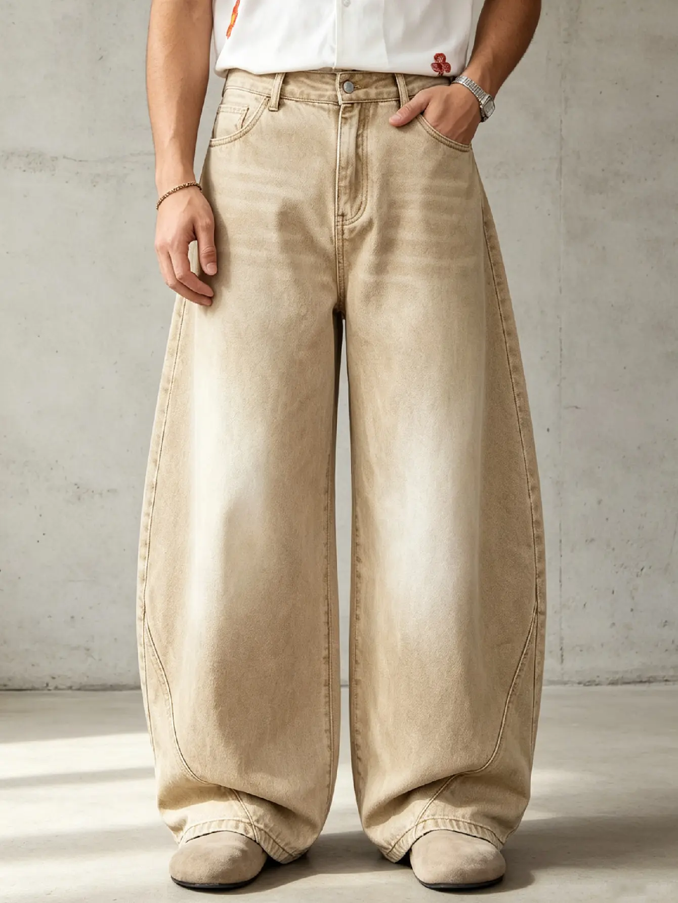 SRETOUU New Streetwear Vintage Splicing Baggy Men Wide Leg Jeans Seam Design Loose Straight Denim Pants Menswear Trousers Classic Fashion