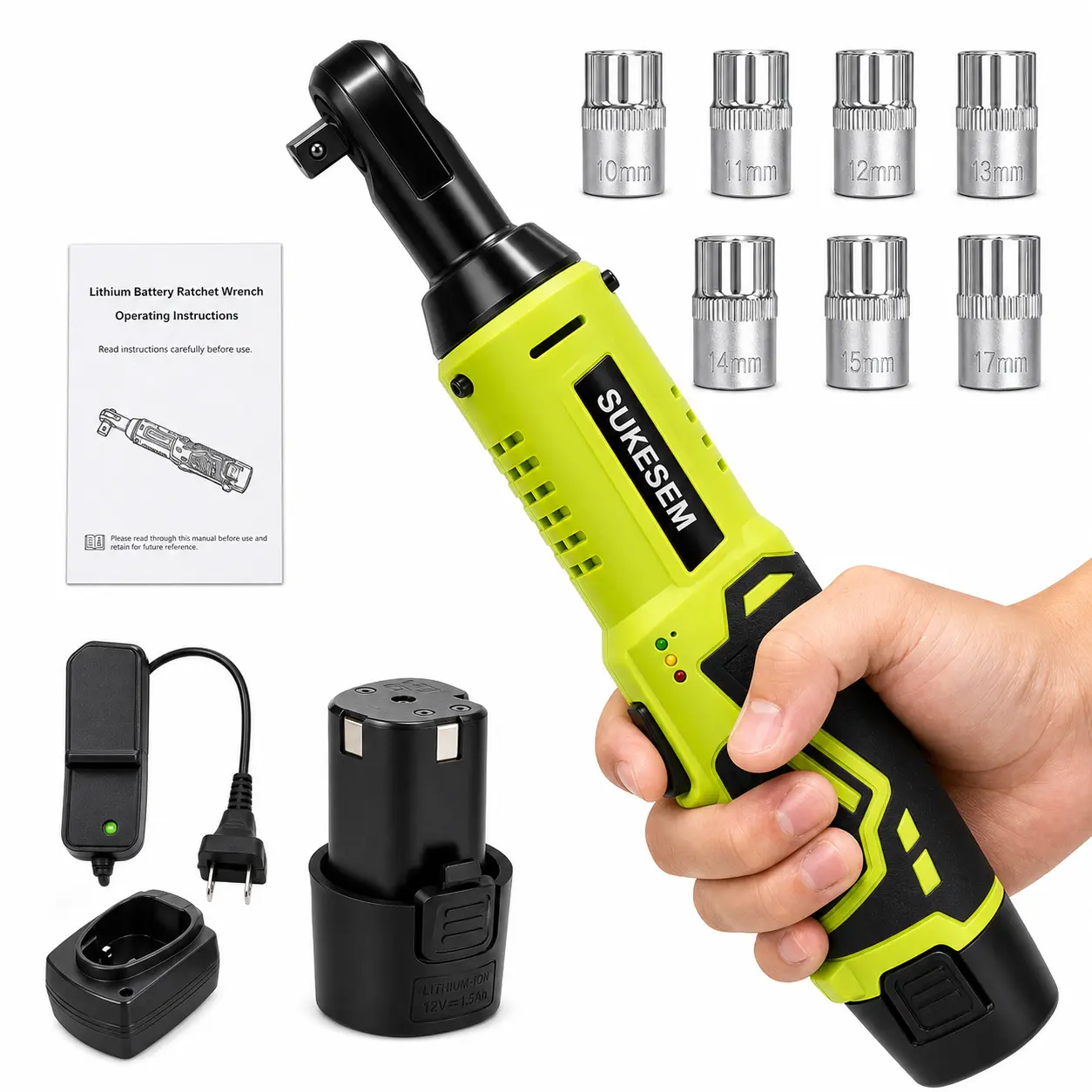 SUKESEM Cordless Electric Ratchet Wrench，12V High Torque Ratchet Wrench Kit – Heavy Duty Car Lug Nut Removal Tool, Rechargeable Battery Pack,Includes 7 Sockets,Car Repair Tool for Screw & Nut Removal-Dealsforyoudays