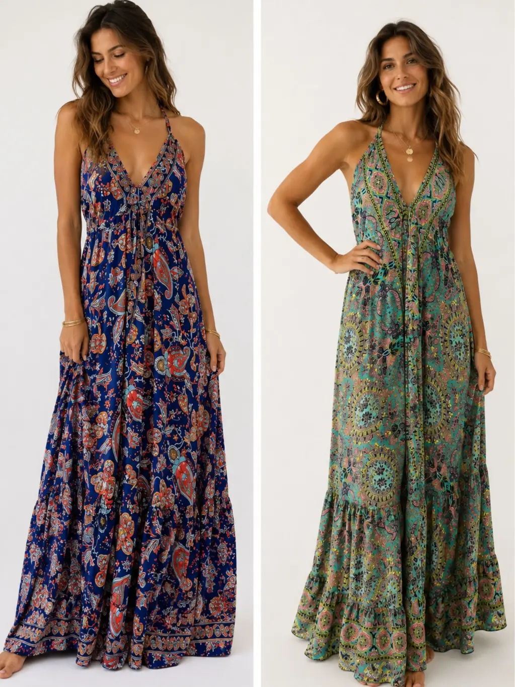 Women's Handmade Kasturi Silk Casual Maxi Dress - Halter Vintage Bohemian Gown, Adjustable Loose-Fit Summer Casual Wear with Premium Fabric, Sea-Inspired Saree-Inspired Design, Backless