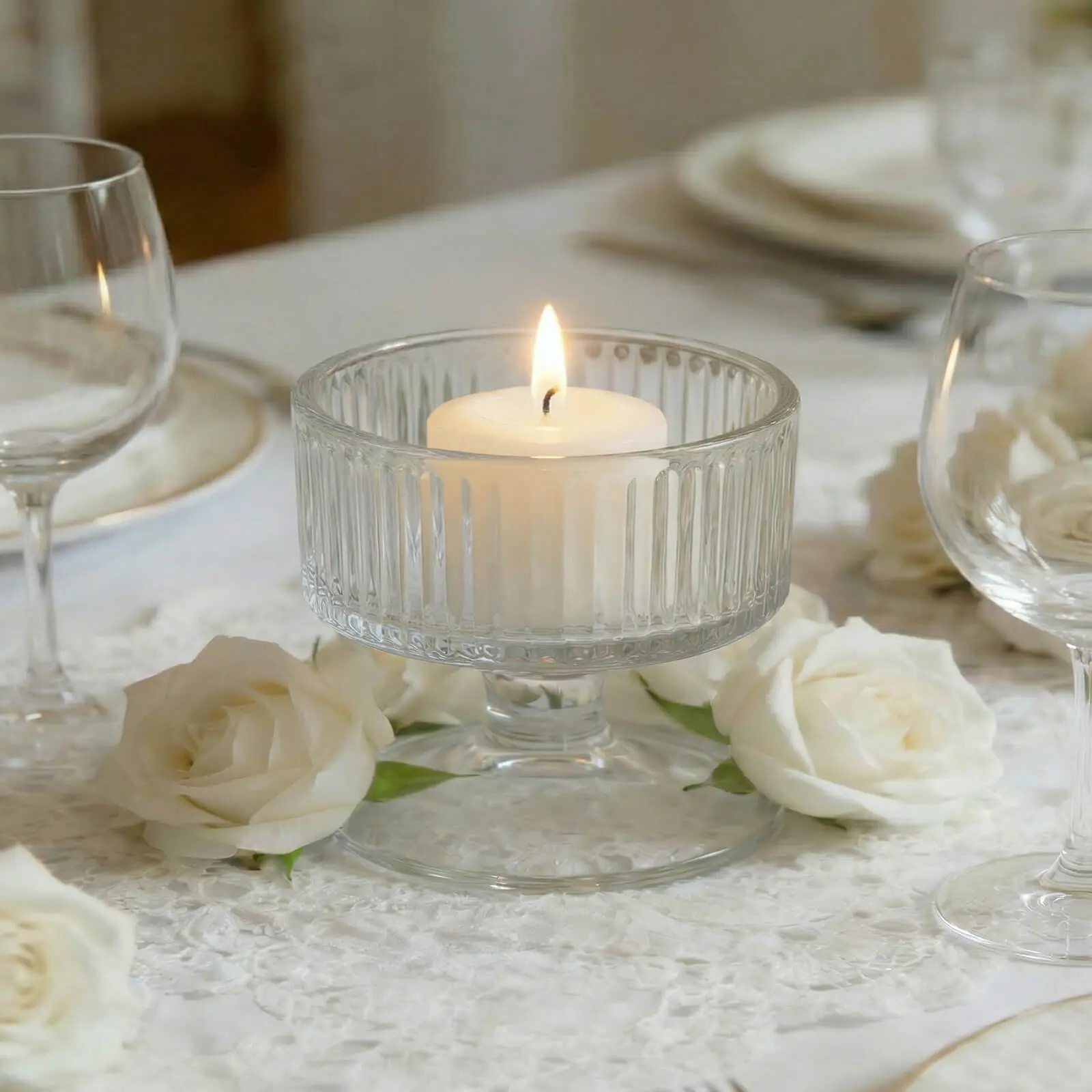 6 Pack Clear Ribbed Glass Candle Holders 3" – Vintage Coupe Pedestal Candle Cups for Floating & LED Candles, Table Centerpieces