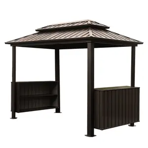 6x10FT Hardtop Grill Gazebo, Outdoor BBQ Gazebo with Double Galvanized Steel Roof, Patio Grill Canopy with 2 Cabinets and Ceiling Hooks for Backyard, Lawn, Garden, Brown On-Site