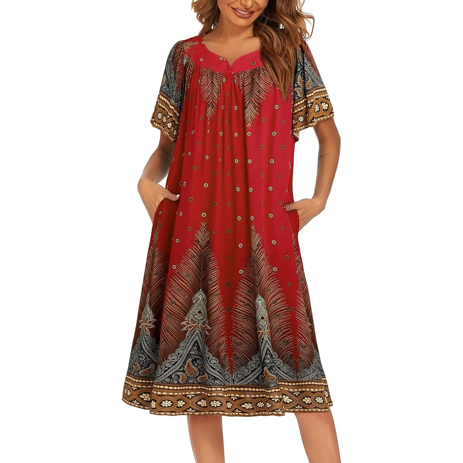 Women's Modest Pleated Short-Sleeve Floral V-Neck Nightgown - Essential Check Soft Rayon Pocketed House Dress, Nursing Nightwear for Grandmothers, Everyday Loungewear Gift