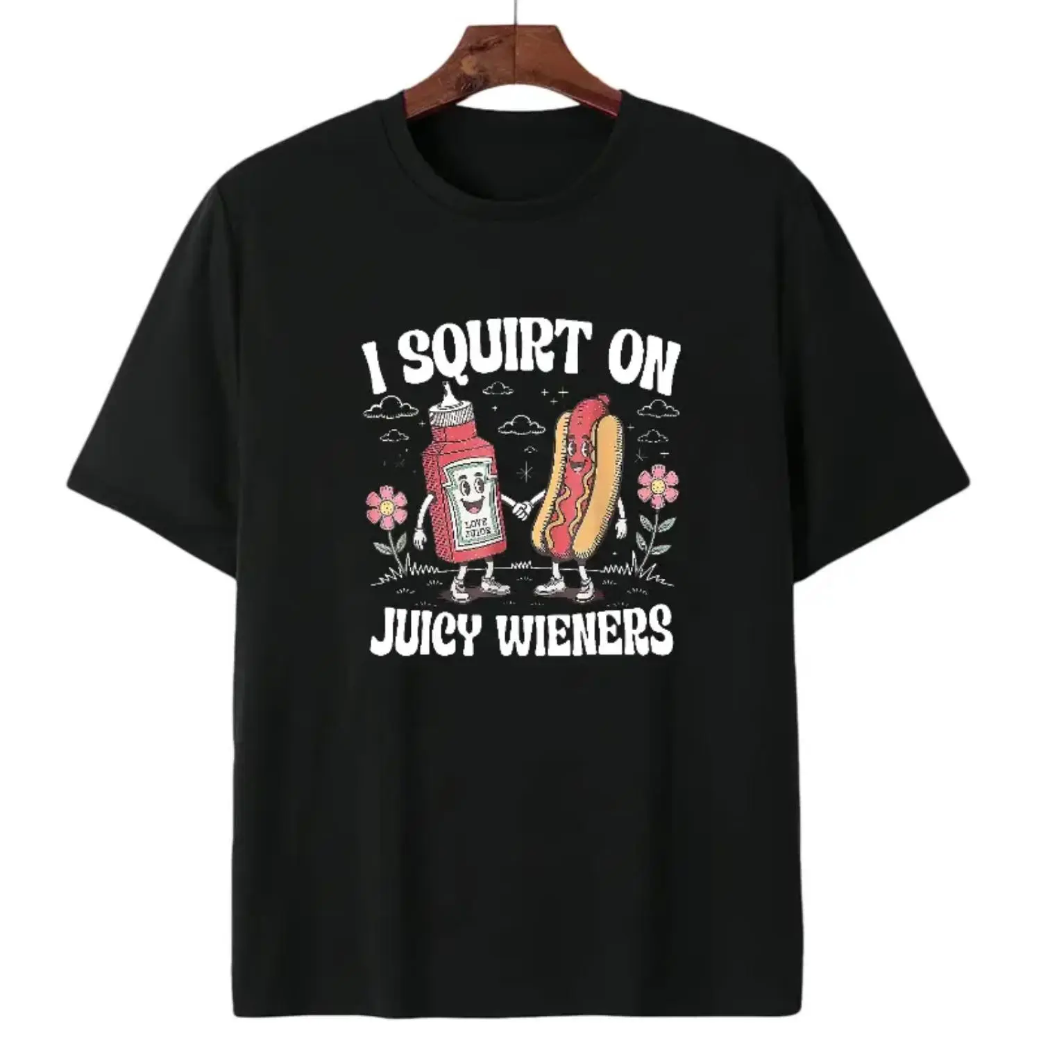Juicy Wieners Graphic T-Shirt, Funny Hot Dog and Ketchup Cartoon Tee, Humorous T-Shirt for Casual Wear, Gift for Food Lovers and Retro Humor Fans