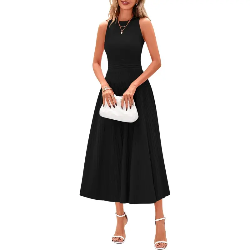 Women's Chic A-Line Midi Dress, Elegant Sleeveless Solid Pleated Tank Dress for Formal Cocktail Party, Work, Round Neck, Formal Wear, Lady, Casual, Cute And Comfortable, Fitted, Female, Mid‑Length Modesty