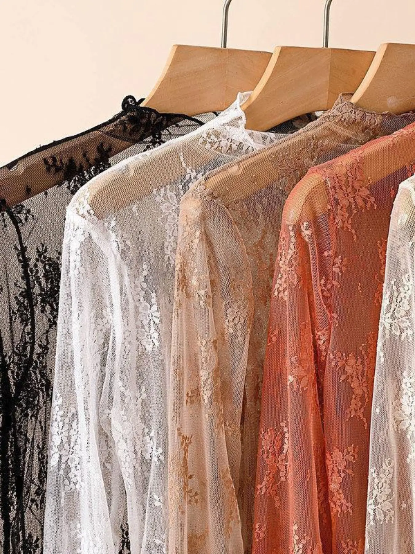 3PCS Black White khaki Women Half High Collar Mesh Bottomed Blouse Shirt Lace Ear Edge Hollow Long Sleeve Lace Top