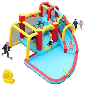 7-in-1 inflatable slide water park bouncy house for outdoor soccer/football gardens, featuring a splash pool, water gun, climbing wall, basketball hoop, and football goal.
