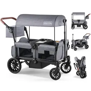 HARPPA All-Terrain Wagon Stroller for 2 with Canopy, Foldable 2-Seat Strollers for Babies, 4 Seats Wagon for Outdoor & Beach, Adjustable Push & Pull Handle, Footwell & Large Storage