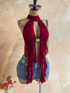 Sunspun x Soleia Women's Burgundy Red Summer Halter Neck Top With Metal Sun Decor,Seksi Chic Boho Outfit For Party Night,Beach Vacation Cruise & Music Festival Tops