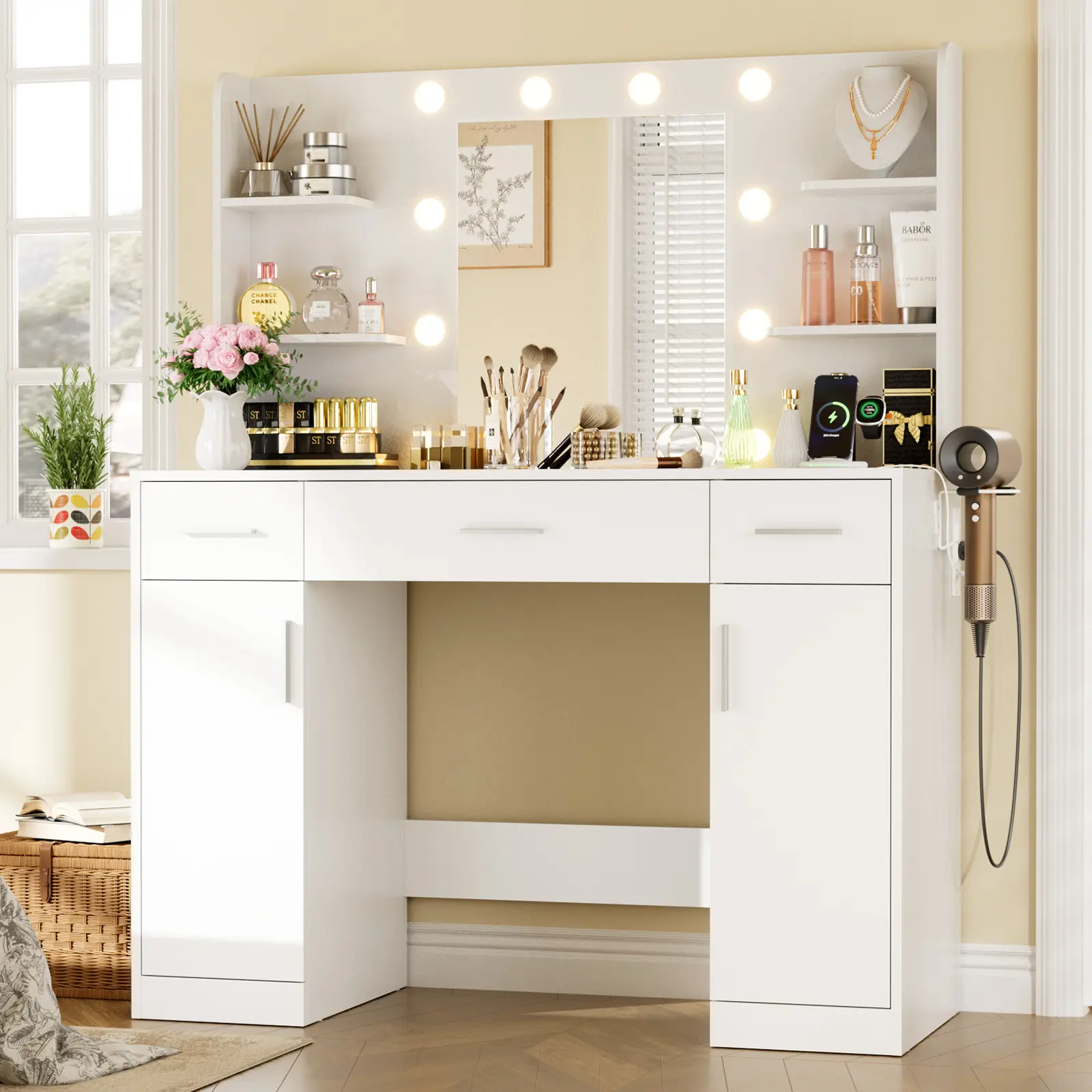 Vanity Desk with Adjustable Lighten Mirror & Power Outlet, Makeup Desk for Bedroom with a Storage Stool and 3 Drawers, 4 Storage Shelves, White Dresser